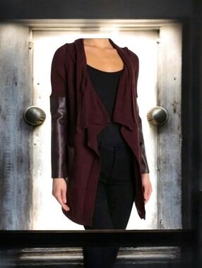 Burgundy Knit & Faux Leather Sleeve Open Front Cardigan - Small NWT